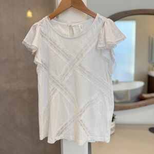 Anthropologie White Lace Flutter Sleeve Women's Tee - Sz XS